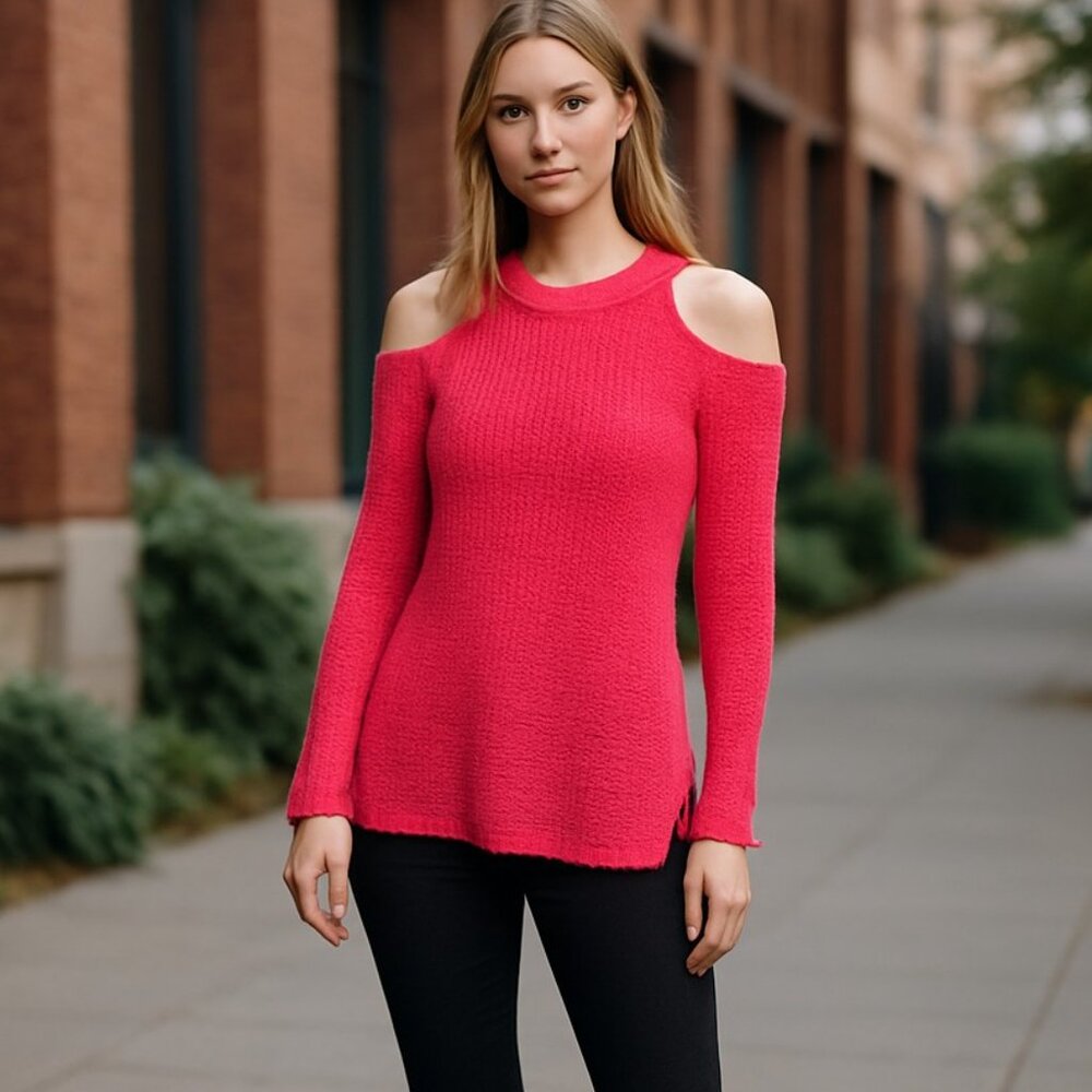 NWOT Saks Fifth Avenue Open Knit Fisherman Cold Shoulder Sweater